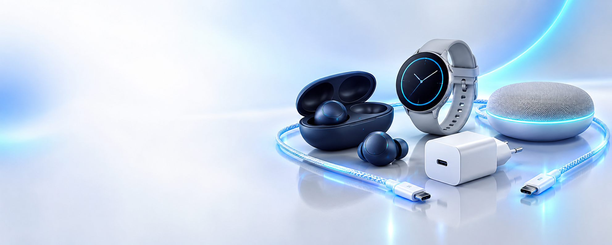 Accessoires électroniques Connectik : écouteurs sans fil, montre connectée, enceinte Bluetooth, chargeur et câble USB-C
